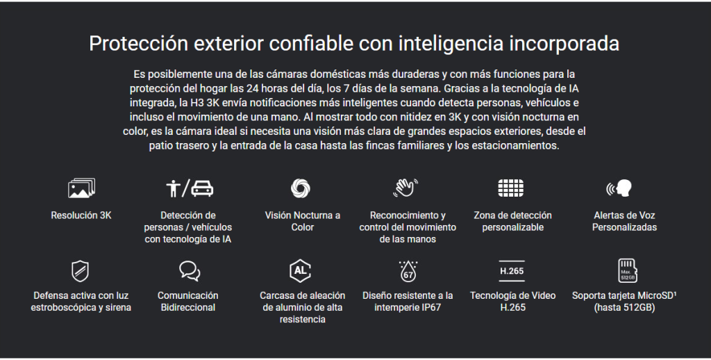 Cámara IP WiFi H3 2K / 3MP / Audio / IA / LED / Sirena / Exterior /  CS-H3-R100-1H3WKFL 2.8mm / EZVIZ - Tienda Ezviz Chile