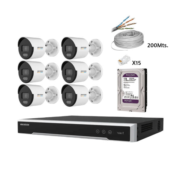 KIT NVR 4K 8CH - 6 CAMARAS IP 2MP COLORVU - DISCO 1TB - CABLE - CONECTOR HIKVISION