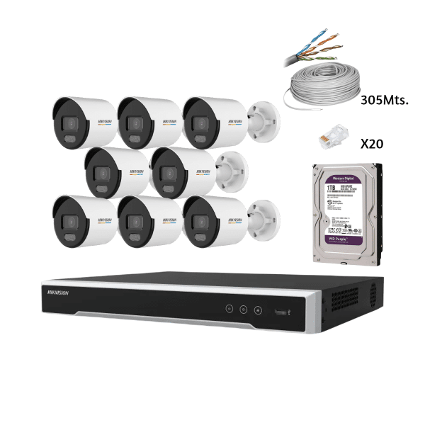 KIT NVR 4K 8CH - 8 CAMARAS IP 2MP COLORVU - DISCO 1TB - CABLE - CONECTOR HIKVISION