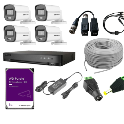 KIT DVR 4CH COLORVU - 4 BULLET TVI 2MP - CABLE 100 MTS - 4 DC - 4 BALUN - SPLITTER HIKVISION