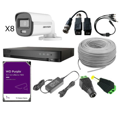KIT DVR 8CH - 8 BULLET TVI 2MP - 1TB - CABLE 305 MTS - 8 DC - 6BALUN - 2 SPLITTER HIKVISION