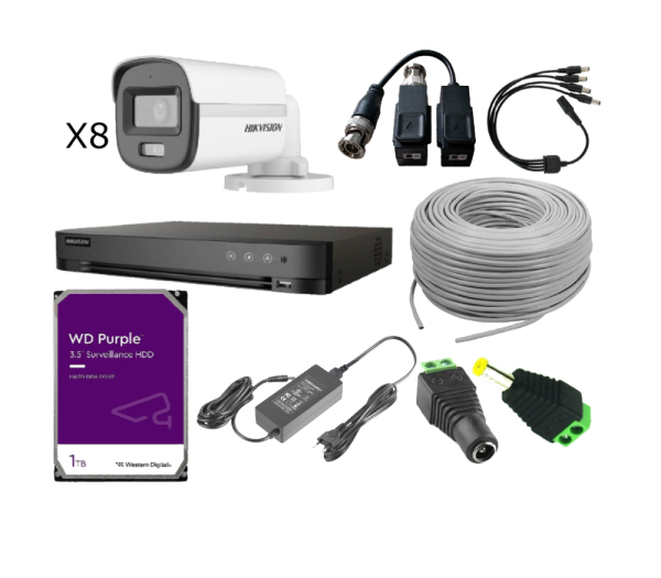 KIT DVR 8CH - 8 BULLET TVI 2MP - 1TB - CABLE 305 MTS - 8 DC - 6BALUN - 2 SPLITTER HIKVISION